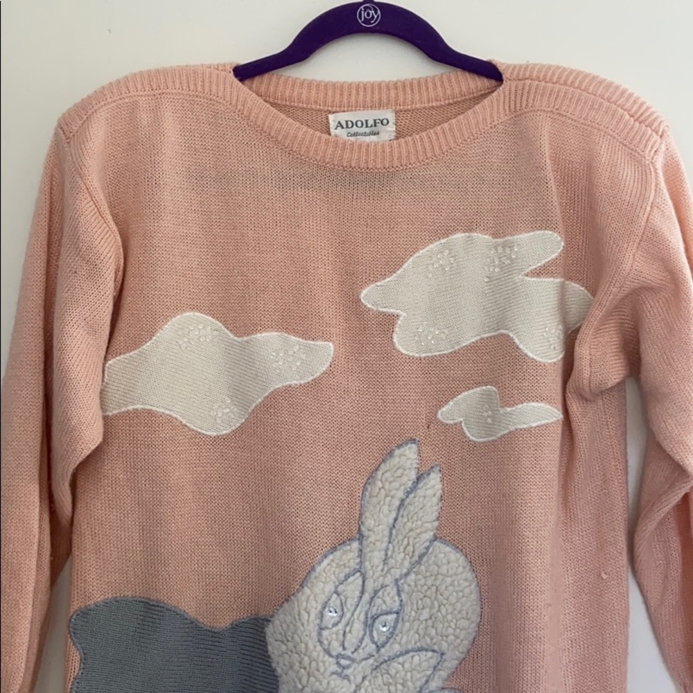 VINTAGE 80s Adolfo Pink Bunny Tunic Sweater - Picture 4 of 8
